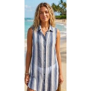 Women's For The Republic Striped Shirt Summer Dress Coverup Blue Denim Look M